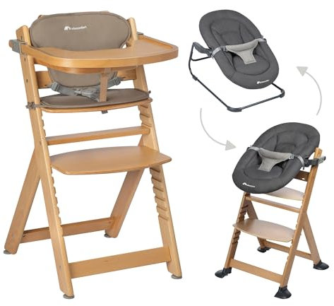 Bebeconfort Seggiolone Sdraietta 3-in-1 Timba con Cuscino + Timba Baby, Set Seggiolone Evolutivo con Sdraietta Neonati Reclinabile, Cuscino Imbottito e Vassoio, 0-10 Years, 0-30 kg, Natural wood/beige