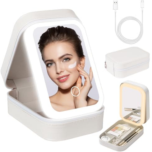 Kosmetiktasche mit Beleuchtetem Spiegel, 3 Farben LED Make Up Tasche, Schminktasche mit Spiegel und Licht, Travel Makeup Bag, Reise Kosmetikkoffer,Tragbare Schminktasche Geschenk für Frauen(Weiß)