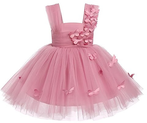 IDOPIP Bambin Fille Fleur Robe Enfant bébé a - Ligne Genou Papillon Dentelle Fleur brodée Princesse 1er Anniversaire fête sans Manches Tutu Robe Roses Profondes 80