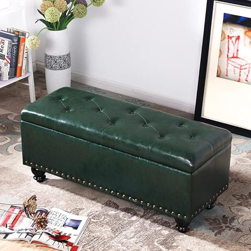 Large Storage Footstool Bench, With Padded Seat - Faux Leather Upholstered Hallway Window Seat Storage Chest - Bedroom Entryway Furniture Organize Space