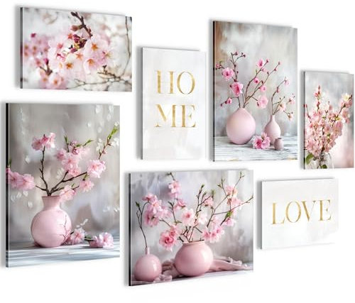 Novart Wandbilder Blumen Sakura - KOMPLETT AUFHÄNGFERTIG - Grau Rosa Wohnzimmer Schlafzimmer Flur - 7 Moderne Mood-Bilder - N029871a
