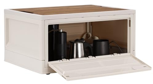 Navaris Camping Storage Box, Beige - 35L Foldable Bin with Pine Wood Lid - Collapsible Folding Crate - Easy to Disassemble Plastic Storage Crates - Stackable Design with Wheels