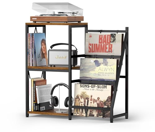 Record Player Stand - 3 Tier End Table with Vinyl Record Storage for Turntable in Living Room