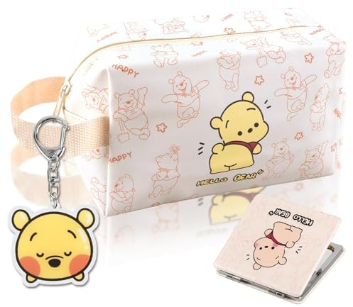 Cartoon Kosmetiktasche für Mädchen, Reise Kosmetiktäschchen Handtasche Kulturtasche, Kosmetiktasche Groß mit Schlüsselanhänger und Spiegel Geschenk für Mädchen(Gelb)
