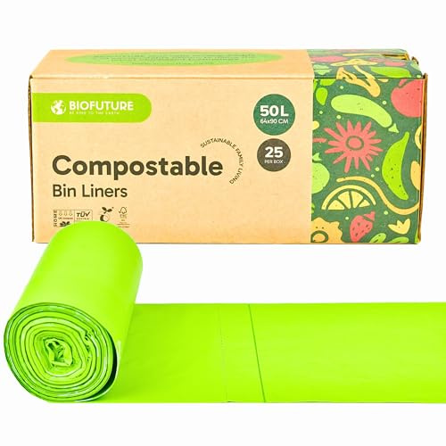 Biofuture 50L x 25 Compostable Bags | Home Compostable | Council Approved | Fits 49-51L Large Garden & Compost Waste Bags | EN13432 Certified