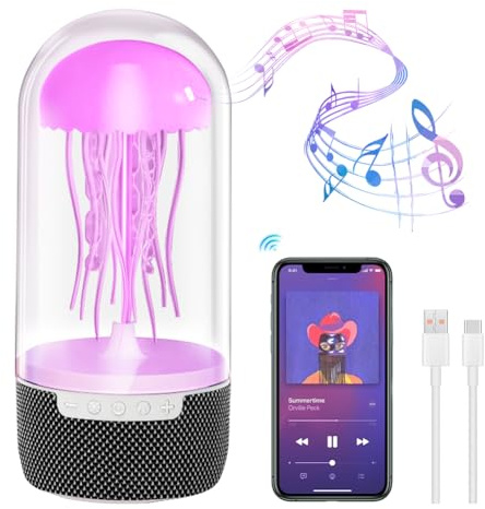 Lámpara LED de medusas con altavoz Bluetooth + RGB degradado de color jellyfish luz, luz nocturna inalámbrica portátil recargable para decoración del dormitorio e iluminación relajante (carga rápida