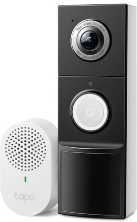 TP-Link Tapo Caméra vidéo Intelligente avec Carillon, Batterie ou Filaire, Vision Nocturne Couleur 2K 5 MP, Pas de Frais mensuels, Vue Ultra-Large de la tête aux Pieds à 180°, détection IA Gratuite