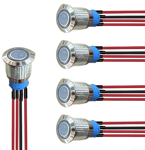 Advokingtap Lot de 5 interrupteurs à bouton-poussoir lumineux à DEL de 12 mm, pré-câblé, 4 broches, étanche, en métal, auto-bloquant, pour une utilisation automobile, marine, industrielle, IP67