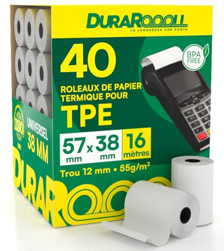 40 Thermopapier 57mm Rollen Kassenbon Pos Terminal - Thermorollen DuraRoooll 57mmx38mmx16m für Kassenzettel Kompatibel mit Nexi SumUp Pax Axerve Ingenico Smart POS - Kartenterminal Ohne BPA Papier
