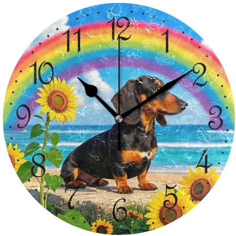 Mnsruu Wanduhr Dackel Regenbogen Sonnenblume, leise, nicht tickend, dekorative Wanduhren, batteriebetrieben, 25 x 25 cm