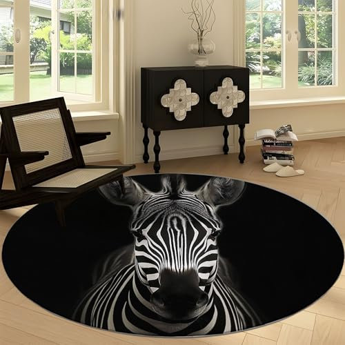 Waschbare Runde Teppiche 60 cm, Tierdruck Zebra Rutschfester Runder Teppich für das Wohnzimmer, Gestreiftes Zebra Weicher Niedrigfloriger Teppich für unter den Esstisch