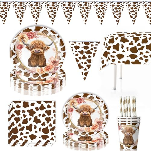 62pcs Boho Highland Cow Party Supplies,Highland Cow Baby Shower Plates and Napkins Party Supplies,Western Cattle Boho Pampa Grass Birthday Party Decor Serves 10