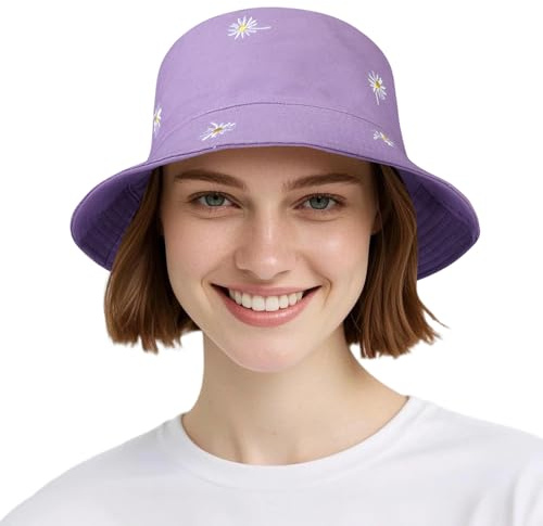 AYPOW Baumwolle Reversibel Damen Fischerhut Gänseblümchen Sonnenhut, Leichter Beideseitig Tragen Anglerhut Teenager Mädchen Fischerhüte, Faltbar Strandhut Mode Eimerhut für Camping Reisen Wandern