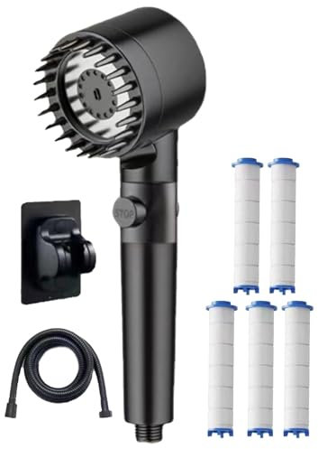 High Pressure Filter Shower Head - Shower Head and Hose 1.5m with 4 Spray Modes, Handheld Showerhead for Hard Water & Pet Bathing | Pause Switch (Black)