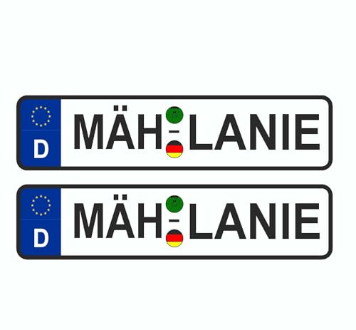 Skins4u lustige Kennzeichen Nummernschild Aufkleber Mähroboter witzige Namen oder auch personalisiert mit Deinem Wunschnamen individuell gestalten (2 Stück) (MÄH-Lanie)
