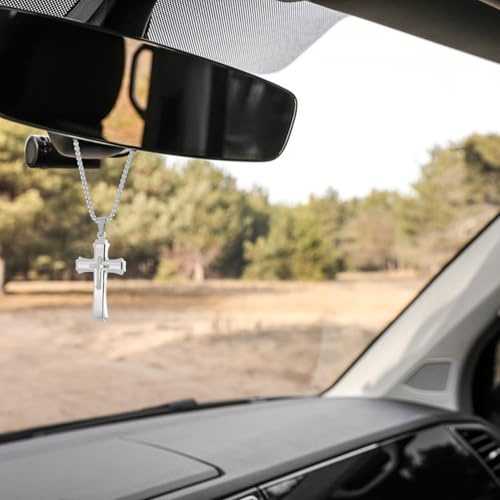 YOSADIER Metall Kreuz Anhänger Auto Rückspiegel Dekoration Silber Stabiles Auto Zubehör zum Aufhängen
