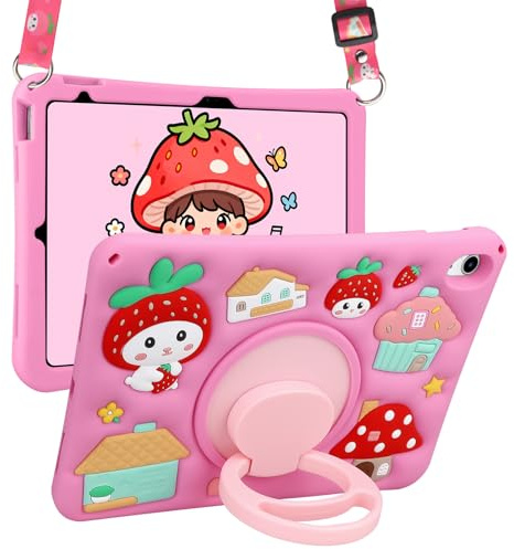 Coolden für iPad A16 Hülle Kinder 11 Generation 2025 iPad 10 Generation Hülle 10.9 Zoll 2022 Süßes Erdbeere Haus mit 360°Drehbar Ständer Schultergurt Stoßfeste Schutzhülle, Rosa