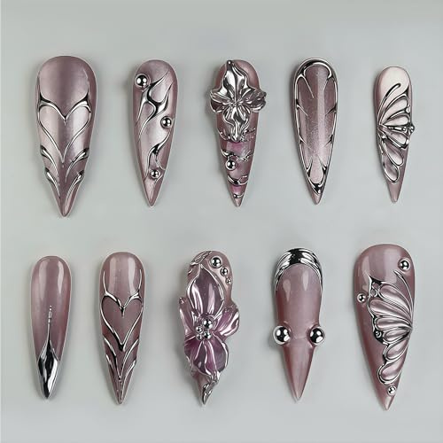 Auroriel 24 Pieces Long Stiletto Press on Nails with 3D Heart, Flower & Butterfly Wing Design Reusable Acrylic Fake Nails Full Cover for Women Wedding Party Daily Use
