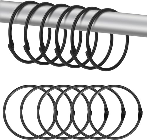 Guduling 12 Pcs Black Curtain Rings,Rustproof Black Shower Curtain Hooks,Metal Shower Curtains Rings for Bathroom, Showers Liners & Windows, Modern Matte Finish for Home Decor