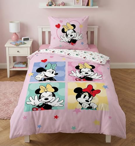 Minnie Mouse Copripiumino Singolo 140x200 + Federa 65x65 Cotone Rosa Disney | Set letto reversibile singolo | Quattro ritratti pop-art di Minnie | Licenza Disney | Bambina 3-10