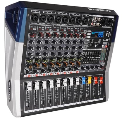 Yamnweo TF800 8-Kanal DJ Mischpult mit Verstärker Audio Mixer | 8-Kanal Mischpult mit Verstärker 650W+650W, 99 Effekte, USB Aufnahme/Wiedergabe, 7-Band EQ und Spektrum-Display