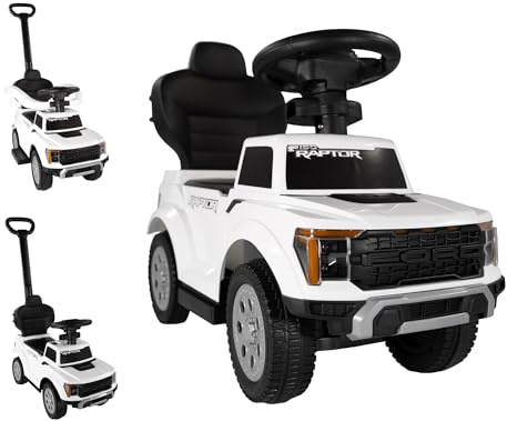Lemodo Rutschauto Ford F-150 weiß mit Schiebestange, Kinderfahrzeug aus Kunststoff mit Sound-Lenkrad, abnehmbarem Sicherheitsbügel, Fußstütze & Staufach, Rutscherauto ab 1 Jahr