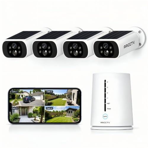 ARCCTV Solar Security Camera Outdoor Wireless, CCTV Camera Systems,4Cam-Kit | 4 Cam+1 Base, 2.4G/5G WiFi, 64GB Local Storage No Subscription, Colour Night Vision, 2 Way Audio, PIR, 2K/4MP, Solar Battery