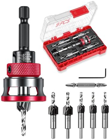 9 PCS Countersink Drill Bits Set, 5PCS Two-Flute TCT Alloy Tapered Drill Bits and Adjustable Depth Stop Collar, Wood Countersink Bit with Wrench for 82 Degree Woodworking, Plywood and MDF DIY