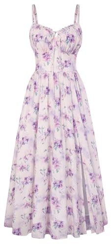 SCARLET DARKNESS Robe d'été longue pour femme avec imprimé floral, robe de corset sans manches à bretelles spaghetti, robe de plage avec poches, lilas, S