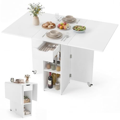 GIANTEX Klapptisch Küche, Klappbarer Esstisch Klein, Mobiler Küchentisch mit 2 Rädern, 120x72x75cm, Esszimmertisch für 4-6 Personen, Ausklappbarer Tisch für Klein Räume, Küchentisch Holz mit Schublade