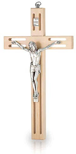 Wandkreuz Kruzifix modernes Design durchbrochen Holz Natur Christus Körper Metall Silber 20 cm Holzkreuz Schmuckkreuz