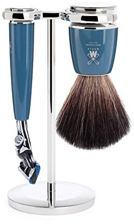MÜHLE Rytmo Rasierset - Rasierer kompatibel mit Gillette-Klingen und Rasurpinsel Black Fibre, Halterung, Edelharz Griff petrol