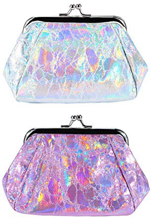 Oyachic 2 Pcs Portamonete Donna in Pelle PU, Olografico Portafoglio Piccolo, Clic Clac Coin Purse, Iridescente Laser Pochette, Argento & Rosa