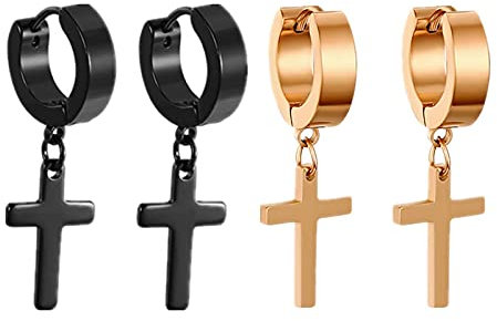 Flongo Herren Ohrstecker Creolen Damen Ohrringe, Edelstahl Ohrstecker Ohrringe Schwarz Rose Gold Stecker Runden Kreuz Anhänger Jahrgang Männer, Frauen