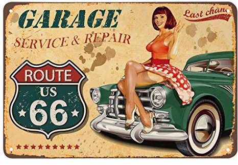 AOYEGO Targa in metallo vintage con pin up, Route 66 Garage Service Repair Women Sit On The Green Car, targa in metallo vintage, per bar, pub, negozi, decorazione da parete, divertente, retrò, per