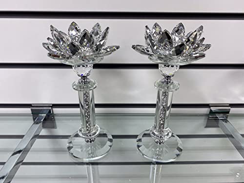 Biznest Set of 2 Tall Base Sunburst Flower Crushed Diamond Crystal Candle Holder Tealight Holder Clear Silver Crystal Glass Tall Pillar Taper 24Cm