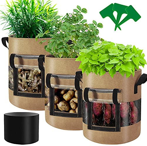 Florelf Sichtbare Pflanzbeutel für Tomaten/Erdbeere/Süßkartoffeln/Karotten/Kartoffeln, ca. 4.5 l, 2er-Pack, Vliesstoff-Töpfe mit Griffen, mit 2 Pflanzenetiketten und Gegenlichtblenden