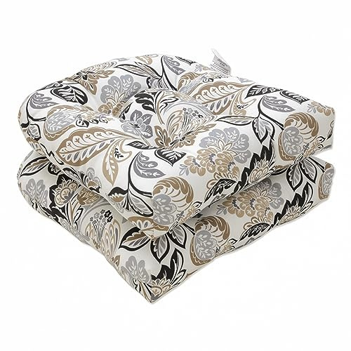 Pillow Perfect Sitzkissen mit Blumenmuster, getuftet, Wetter- und lichtbeständig, 48,3 x 48,3 cm, Schwarz/Hellbraun, 2 Stück