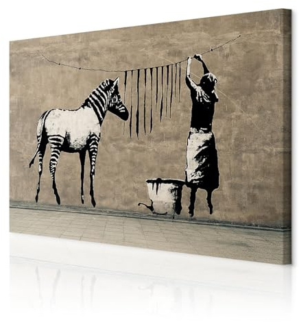 decomonkey Akustikbild Banksy Graffiti 120x80 cm 1 Teilig Leinwand Modern | Bilder, Wandbilder XXL, Schallschlucker, Schallschutz, Akustikdämmung, Wandbild, Deko, Leise, Street Art, Mural, Zebra