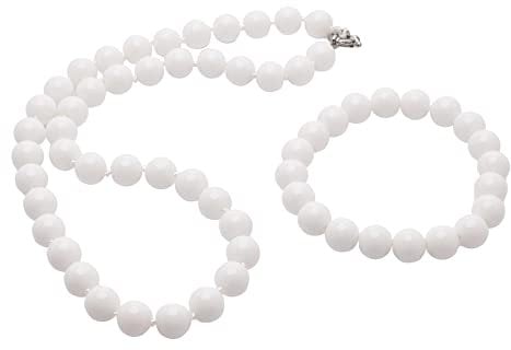 Treasure Bay Women's Necklace Jewellery Set | Stunning 10mm Natural Gemstone Beaded Necklace Bracelet (White Jade)