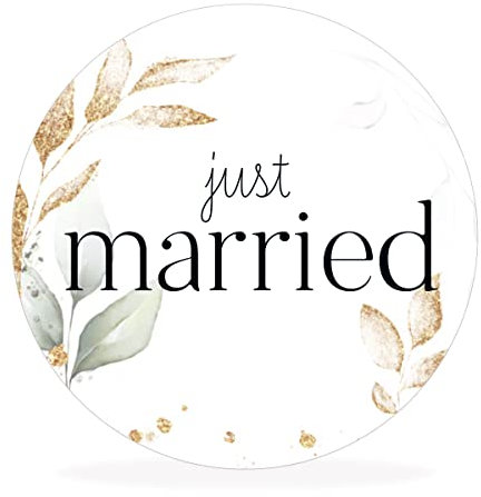 White&ivory, 50x runde Aufkleber, Sticker just married | stilvolles Design: Eukalyptus, gold | 4cm Durchmesser | selbstklebend | Gastgeschenke für Hochzeit Taufe Geburtstag