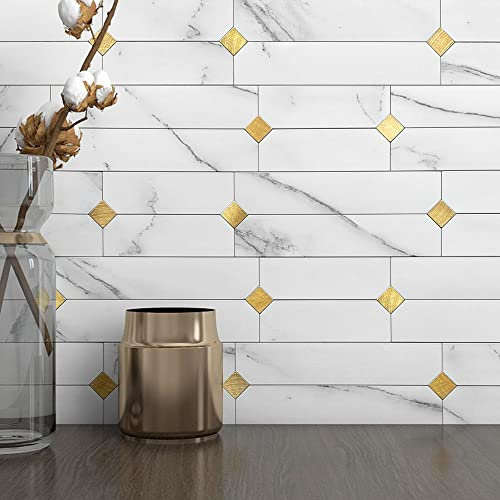 M MOFIT Stick on Brick Wall Tiles Matte Sticky Stickers Self Adhesive Marble Mosaic for Kitchen Fireplace Bathroom(White Gold 10sheets)