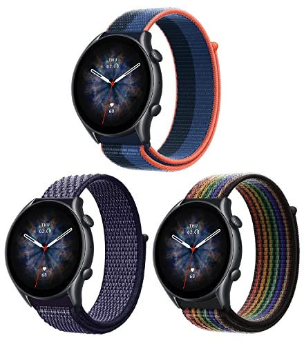 ZoRoll 3 Pezzi 22mm Cinturino per Amazfit Bip 6/Bip 5/Balance/Cheetah Pro/Cheetah/GTR 3 Pro/3/2e/2, Nylon Ricambio Bracciale per Amazfit GTR 47mm/Huawei Watch GT 3 Pro 46mm - Nero&Arcobaleno+Blu+Viola