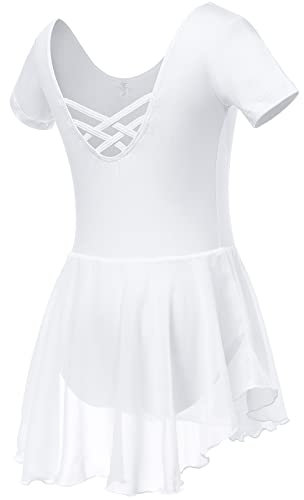 Soudittur Ballettkleidung Mädchen Ballettkleid für Kinder Baumwolle Balletttrikot Kurzarm Ballettanzug Tanzkleid Tanzbody mit Chiffon Rock Tütü(120,Weiß)
