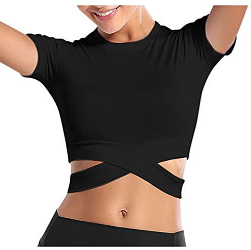 T-Shirt Damen Crop Top Langarm Sportshirt Sexy Sport Oberteil Bauchfrei Sommer Laufshirt Funktionsshirt Atmungsaktiv Leicht Yoga Fitness Shirts Schnelle Trockene Sporttop (Schwarz, S)