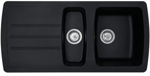 Liquida ZEN150BL 1.5 Bowl Composite Reversible Black Kitchen Sink and Waste Kit