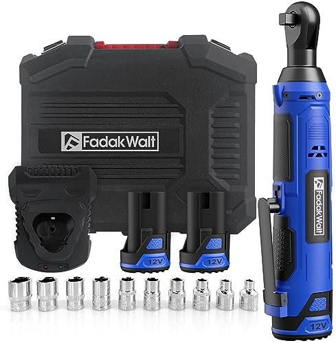 FADAKWALT Chiave a Cricchetto Elettrica Senza Fili Set da 3/8,12V Chiave a Cricchetto a Batteria,40Ft-Lbs(50N.m),0-300RPM,Batterie da 2 * 2.0Ah e Caricatore Rapido,Velocità Variabile e 10 Bussole