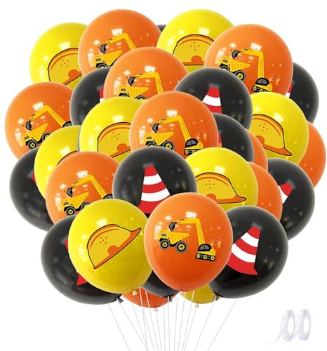 Bagger Luftballons, 24 Stück 12 Zoll Baustelle Geburtstag Party Luftballons Orange Gelb Schwarz Bagger Truck Schutzhelme Barrikade Druck Latex Ballons für Kindergeburtstag Baustelle Party Dekoration