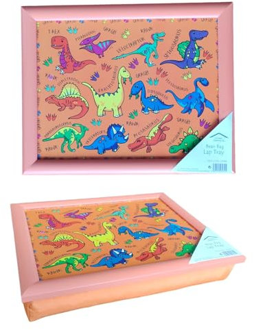 Optimal Products Kids Wooden Soft Padded Cushioned Bean Bag Children Lap Dinner Laptop Food Tray UK (Dinosaurs Design)