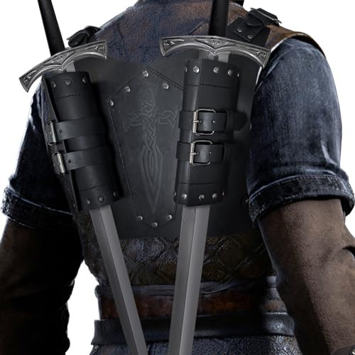 HiiFeuer Medieval Faux Leather Embossed Double Back Sword Frog, Adjustable Renaissance Knight Mercenary Sword Holster (Black A)